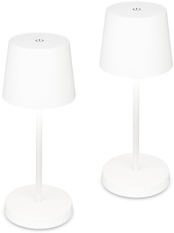 Briloner Lote de 2 lámparas mesa LED inalámbricas, regulable táctil, lámpara noche dormitorio, luz lectura, lámpara camping, recarga USB, uso interior exterior, IP44, Ø10,5 x 26 cm, Blanco