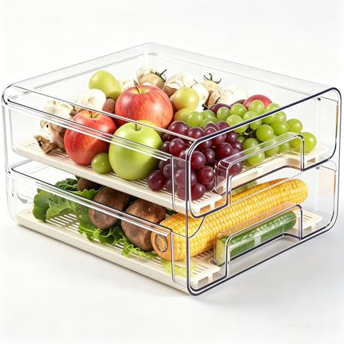YNNHUDEEP Juego de organizador para frigorífico, cajón para frigorífico, 1 unidad, doble capa, apilable, transparente, organizador de fridge y cocina