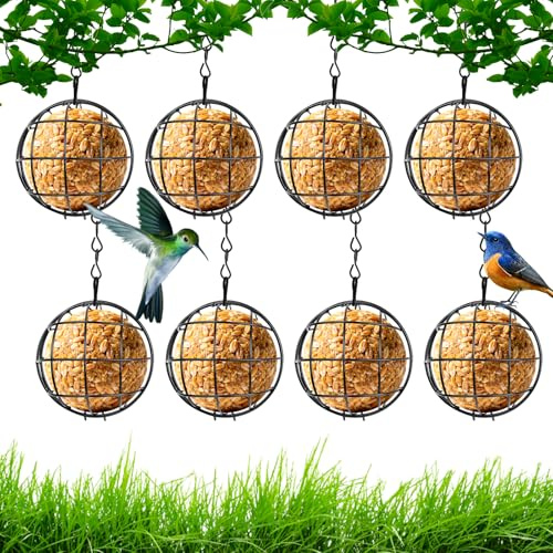Soporte para bolas de masa para pájaros, 8 unidades, 7 cm, metal para pájaros, comedero para pájaros, soporte para bolas de carbonero, soporte para bolas de maíz con gancho para colgar para aves