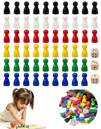 RAMGLYO Fichas Parchís 60 Piezas + 6 Dados 2cm, Figuras para Juegos de Mesa, Reemplazo Compatible con Tableros Clásicos, Ideal para Reuniones Familiares