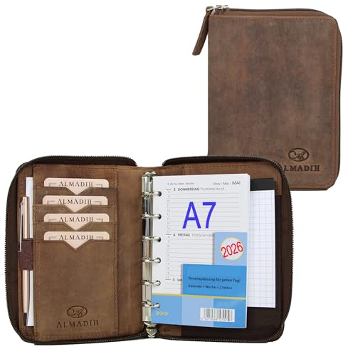 ALMADIH Leder A7 Ledermappe Organizer mit Reißverschluss und Kalender 2026 Notizblock Vintage in Geschenkbox - Leder Mappe Schreibmappe Terminplaner Terminkalender Aktenmappe (Braun Antik)