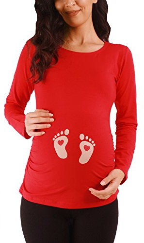 M.M.C. Impronta Bambino - Simpatica graziosa T-Shirt Premaman Manica Lunga per la Gravidanza (Rosso, Large)