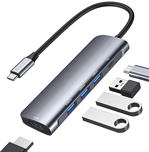 ABLEWE 5 in 1 Aluminum USB C to HDMI 4K Adapter with 3 USB 3.0 Ports, 87W Power Delivery (PD) for MacBook Pro 2017/2018, XPS and More USB C Devices