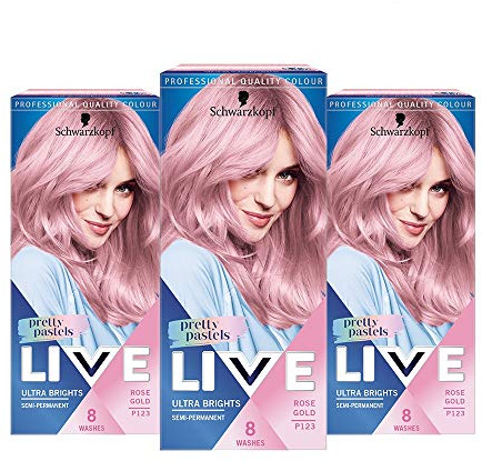 Schwarzkopf LIVE Pretty Pastels Pink Gold Hair Dye, Pack of 3, Semi-Permanent Colour last up to 8 washes- P123 Rose Gold