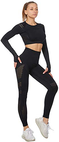 Jamron Donna Set di Abbigliamento Yoga Top Corto+Ghette 2 Pezzi Tuta Sportiva Palestra Fitness Activewear Nero SN05405 L