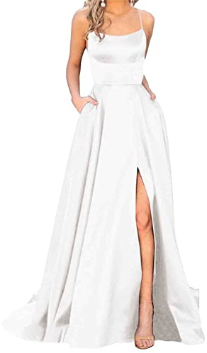 xxxiticat Damen Elegant Lange Ballkleider mit Taschen Satin A-Linie Backless Hochzeitskleid Abendkleider Sexy Neckholder Spaghetti Brautkleid Kleider Lang Prinzessin Brautjungfer Kleid (WH-XL)