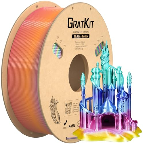 GratKit Regenbogen PLA Filament mit Seidenglanz für 1,75mm 3D-Drucker, 1kg Spule, Farbwechsel 3D-Druck Silk-Filament mit +/-0,03mm Präzision, gleichmäßige Wicklung, 1000g Candy Rainbow PLA Filament