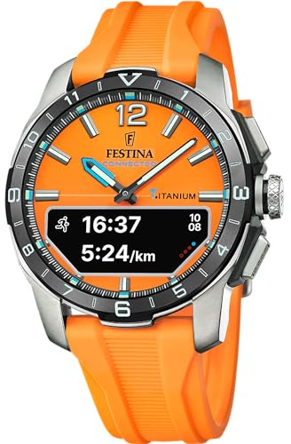 Festina Montre Connectée Hybride Homme - Bracelet Caoutchouc Orange - Suivi Pas, Musique, Notifications - Autonomie 10 Jours - F23000/7 Connected D