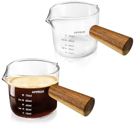 2 st espressoglas set med 2, 75 ml espressokoppar med trähandtag, dubbla pipar mätning trippel kanna, klart glas espressoshotglas, koppar espresso (klar)