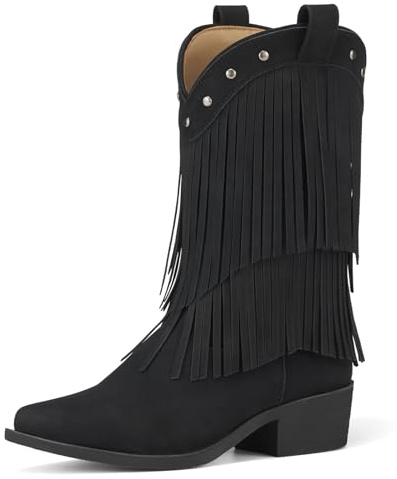 Rollda Girls Cowboy Boots with Tassel, Fringe Cowgirl Boots, Snip Toe, TPR Outsole, Kids Western Boots Stylish & Comfortable for All-Seasons, Toddler/Little Kid/Big Kid Black Size 5