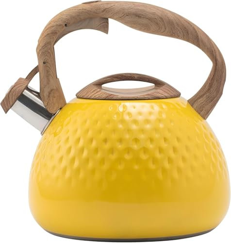Bollitore da tè, teiera in acciaio inox 304 per uso alimentare, con manico in venature del legno, bollitore a fischio da 3 l, adatto per fornelli a gas, fornelli a induzione, durevole (giallo)