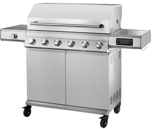 Tarrington House Barbecue à Gaz 6+1 Brûleurs Glenwood, Acier Inoxydable, 24.5 kW, Thermostat digital, 4 Roues, Meuble, Argent