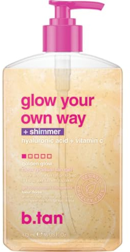 b.tan Clear Gradual Self Tan Gel | Glow Your Own Way Shimmer - Sunkissed Golden Bronze, Transfer Free, Best Extender, Moisturizing, Non Toxic Sunless Tanning Lotion, No Fake Tanner Smell, 473 ml