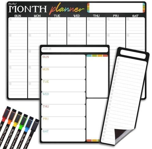 Magnetic Dry Erase Monthly Calendar Set - 17x12 Monthly and 8.5x12 Weekly Calendar, 4x12 List Board for Fridge - 6 Extra Fine Point Dry Erase Markers Included - Shipped Flat