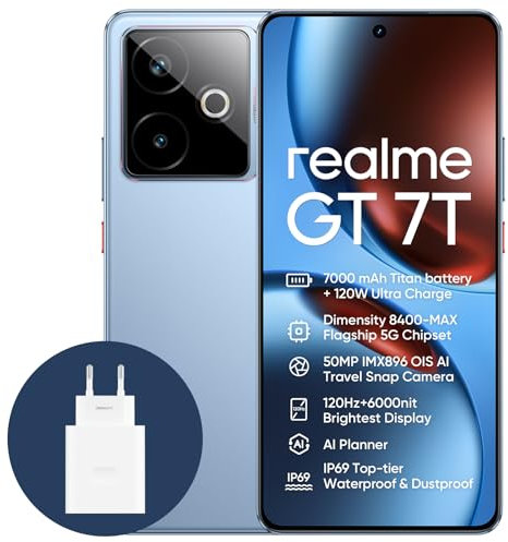 realme GT 7T 5G Smartphone,12+256GB, Batería de 7000 mAh,Carga de 120W,Procesador Dimensity 8400-MAX,IMX896 50MP Cámara,AI Planner,Pantalla Pro-Esports de 6000 nits120Hz,IP69,Azul,Exclusivo de Amazon