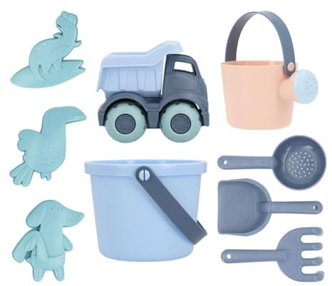 Monnëka Set de Jouets de Plage | Jouets de Sable Écoresponsables et Sûrs dès 6 Mois | Kit avec Seau, Pelles, Râteau, Arrosoir et Camion | Facile à Transporter pour Plage | Serenity Blue