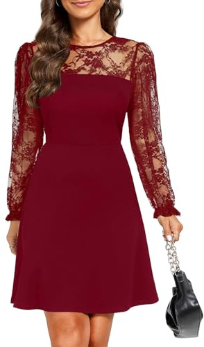 Burgundy Lace Long Sleeve Dress Lace Cocktail Wedding Guest Party Semi Formal A line Short Dresses L