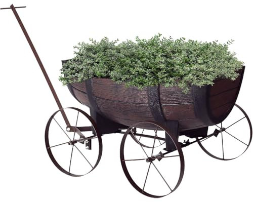 Faboer Wagon Wheeley Planter Decorative Flower Cart Stand With Handle & Wheels – Garden Planter Outdoor Wheelbarrow Herbs Pot For Outdoor Garden Patio Decor
