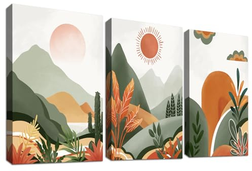 3 Pcs Wooden Framed Canvas Wall Art Canvas Prints Bohemian Desert and Sun Painting Green Mountains Plants Floral Pictures for Living Room Bedroom Bathroom Hallway Stairs Wall Decor 50x70 cm x3pcs