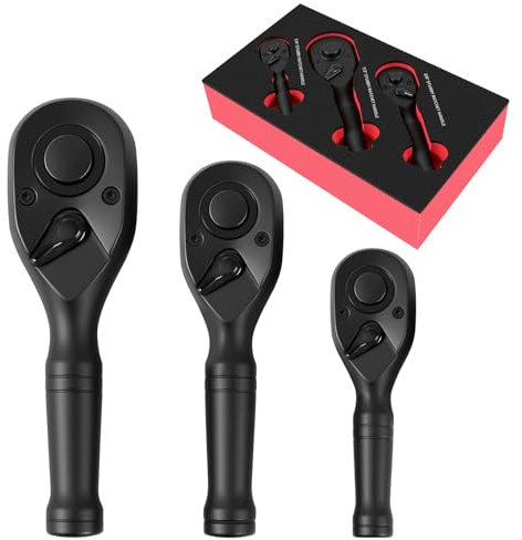DikTalk 3-Piece Stubby Ratchet Set 1/4 3/8 1/2 Drive, 72-Tooth Black Finish, Quick Release & Reversible, CR-MO Steel with Non-Slip Grip for Tight Spaces, Includes EVA Case, Automotive DIY Tools