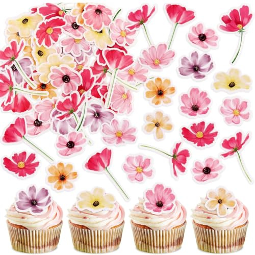 EJRUP 54 Piezas Adornos Comestibles para Cupcakes, Obleas Comestibles de Papel,Comestibles de Flores para Tartas de Boda,Decoración de Tarta,para Cumpleaños,Fiestas,Cupcakes
