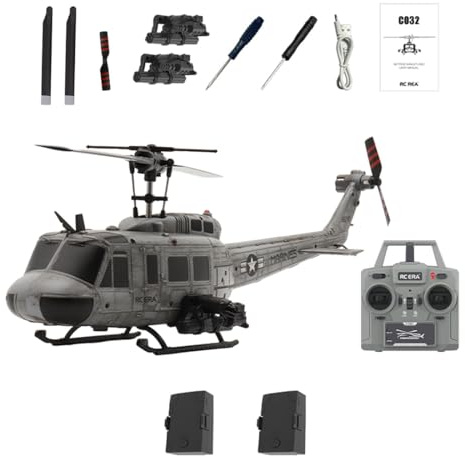 RC Helicopter for Adults, RC ERA C032 UH-1 Huey Stunt Remote Control Helicopter with One-Key Inverted Flight, Gyro, Multiple Positioning Methods - Grey,2 Battery