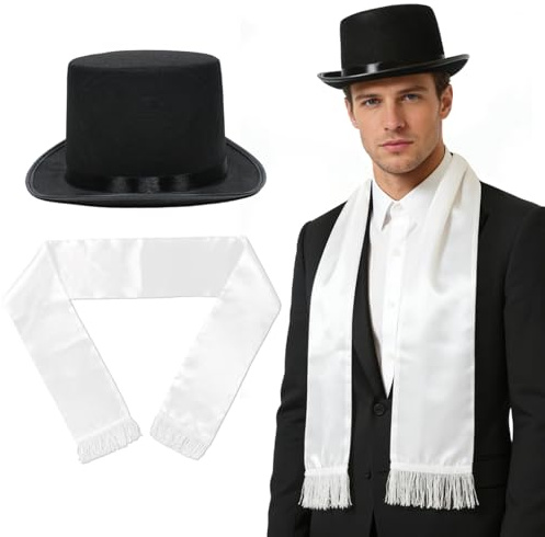 GYIOFAI 2 Pezzi Cilindro Alto, Cappello a Cilindro, Schal, aus Satin, Weiß, 140 x 14 cm, Cappello a Cilindro Chapeau per Adulti, Charleston, Flapper, Gangster, Festa A Tema, Carnevale (Nero, Bianco)
