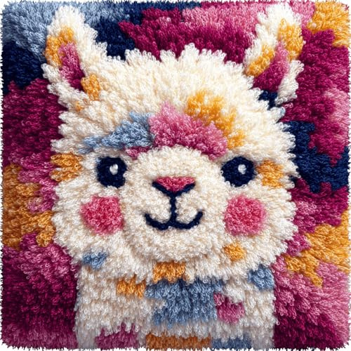 Latch Hook Kit für Erwachsene und Kinder,Niedliches Alpaka,DIY knüpfkissen & Kissenbezug Set (ohne Füllung) 43x43 cm,Heimdekor,kreatives Bastelset,Anfängerfreundlich, inkl. Wolle & Werkzeug