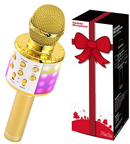 Fede Microfono Karaoke Bluetooth Wireless per Bambini, Karaoke Portatile con Luci LED Multicolore per Cantare, Funzione Eco, Compatibile con Android/iOS, PC o smartphone