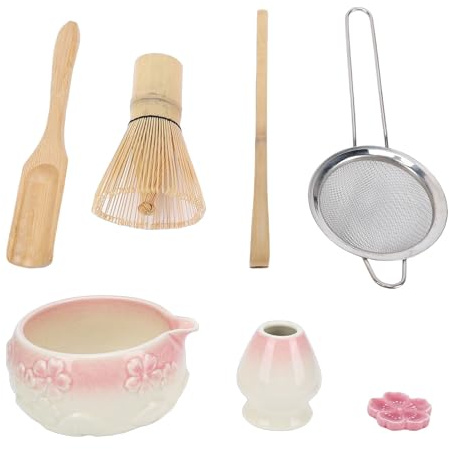 ZDAGELD 76 Fine Brush Matcha Kit, Japanese Tea Set with Bowl, Whisk, Scoop and Sifter for Traditional Ceremony, Elegant Glazed Ceramic (Pink)
