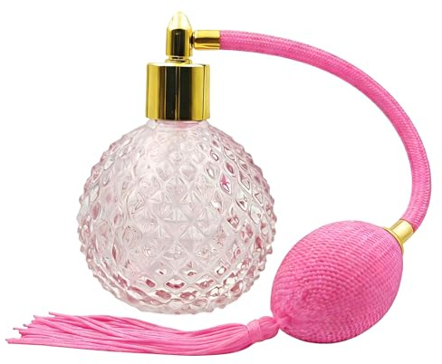 Retro kristall parfymflaska, 80 ml påfyllningsbar rosa parfym atomizer tom med rosa långa tofsar vintage spray atomizer pump glasbehållare återanvändbara dispenserflaskor för sminkhår (guldmunstycke)