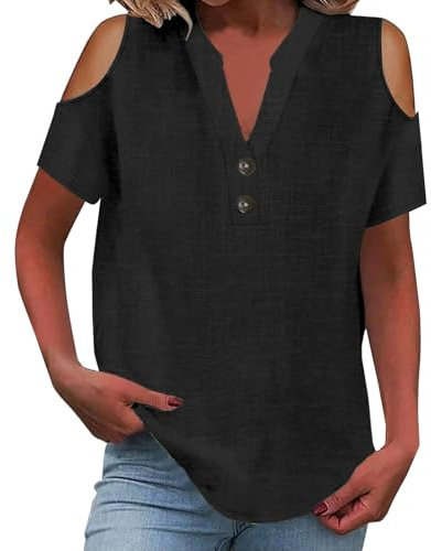 Maglietta Donna Lino Cotone con Spalle Scoperte, Top Estivo Scollo a V Henley con Bottoni, Blusa Casual Oversize Leggera Traspirante, Camicetta Donna Elegante Tinta Unita Comoda Camicia in Lino