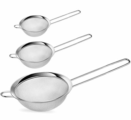 Tea Strainer Fine Mesh Sieve (36cm 27cm 21cm) Size Stainless Steel with Non Slip Handle Kitchen Craft Strainers for Loose Tea Cocktail Juice Flour Spices and Baking Silver Color (Pack of 3) (Chrome)