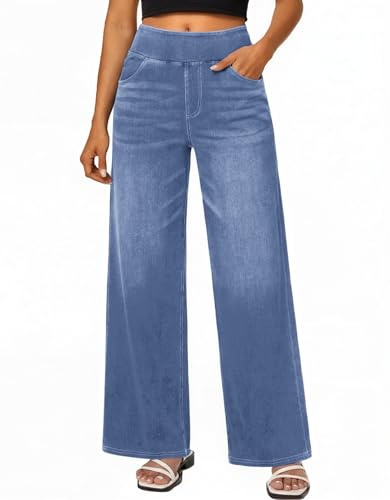 Jhsnjnr Ladies Casual Palazzo Jeans Pull On Elastic Waist Baggy Denim Trousers Loose Fit Straight Leg Jean with Pockets