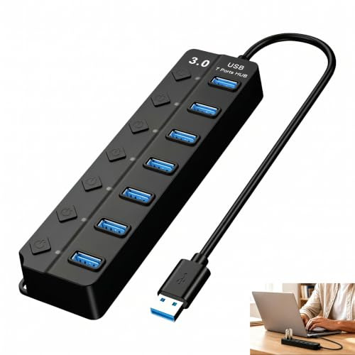 USB 3.0-hubb med 7 portar, USB 3.0-portars multiuttag, oberoende och LED-omkopplare, multiportsplitter för Pc, Mac och Linux, ultrasnabb 5 Gbps dataöverföring, 120 cm kabel