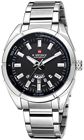 NAVIFORCE Orologio sportivo da uomo, impermeabile, militare, al quarzo, casual, in pelle, con data, orologio da polso, Argento nero, Vestito