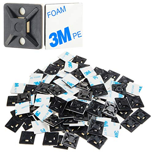 XHF 100 PCS 3/4 Black Self Adhesive Cable Zip Tie Mounts Wire Cable Clips Holders Management Anchors Organizer Holders Squares(HS-101S)