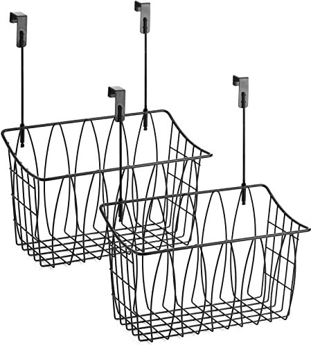 ZEAYEA 2 Pack Grid Storage Baskets with Hooks, Over Cabinet Door Organizer Basket, Metal Hanging Basket Kitchen Storage Organizer, Steel Wire Sink Organization for Pantry, Kitchen, Bathroom