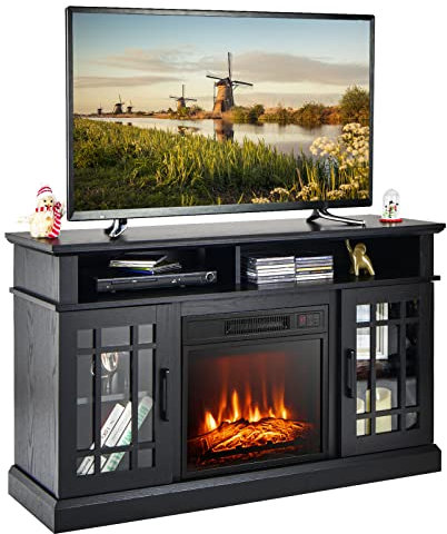 TANGZON Electric Fireplace TV Stand, Freestanding Media Console Table Entertainment Center with 1800-2000W Fireplace Heater & Remote Control (Black, 18 Fireplace, 121x40x74cm for 55 TV)
