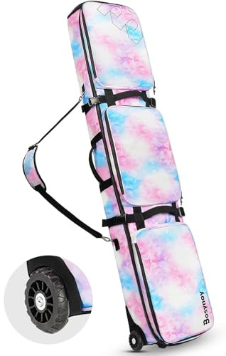 Bosynoy Snowboard Bag with Wheels, Extendable Ski Bags for Air Travel Length up to 175cm, Water Resistant Snowboard Travel Bags for Flying, Padded Ski Bag for Boots Up to Size 13, Helmet, Jacket, Pink