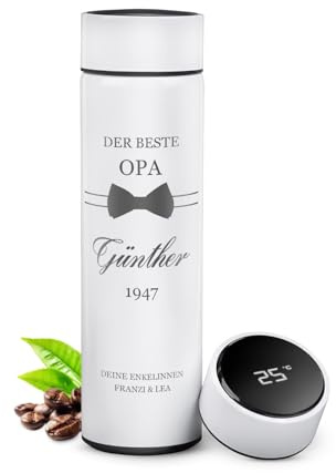 Maverton Trinkflasche mit Gravur 450 ml - Thermobecher auslaufsicher 100% dicht - mit LED Temperaturanzeige - Thermoskanne aus Edelstahl - für Männer zum Geburtstag - weiß - Fliege