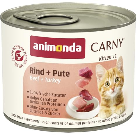 Carny Nourriture Humide pour Chatons au bœuf + Dinde (12 x 200 g) - Nourriture Humide pour Chatons sans céréales ni Sucre - Animonda pour Chatons en Croissance jusqu'à 1 an - avec ingrédients Frais