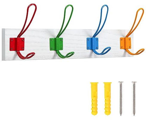 KYSMOTIC Kinder-Kleiderhaken, Wandmontage, für Jungen und Mädchen, zum Aufhängen von Mänteln, Schals, Taschen, Geldbörsen, Rucksäcken, Handtüchern und mehr, 4er-Set, helles Mehrfarbig (Weiß, 43,2 cm)