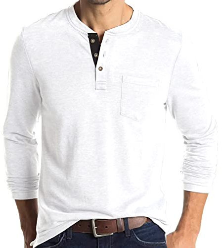 Mens Henley Shirts Long Sleeve Tops Casual Shirt Cotton Tee Crew Neck Top Basic T-Shirt Knitted Buttons White L