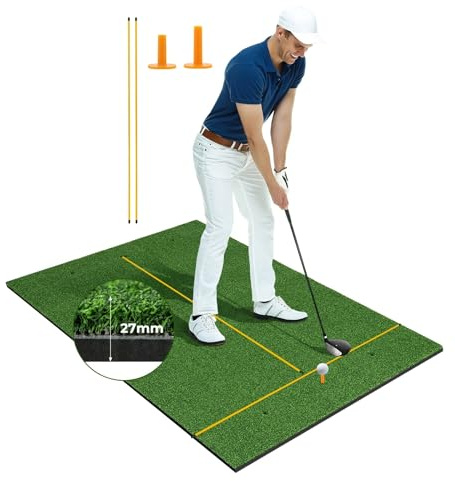 COSTWAY Tapete de Golf 1,5x0,9m, Alfombrilla de Césped Sintético 3 en 1, 2 Tees/2 Palos de Alineación/6uds, Alfombra de Práctica de Golf Uso Interno y Externo