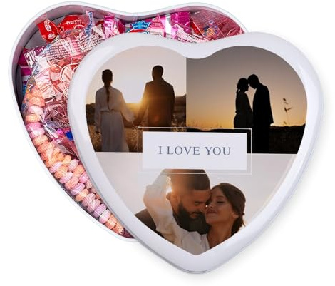 Wanapix | Boîte de Bonbons Personnalisée avec Photo| 22 Bonbons Assortis | Coffret Bonbons Cœur | Idee Cadeaux Saint-Valentin | Cœur - 16x15x5 cm | Amoureux