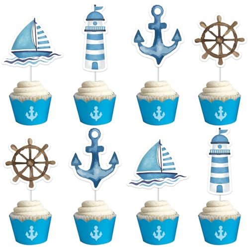 Kreatwow 24 Topper Nautici per Torta, Decorazioni per Feste Nautiche, Occasione Compleanno, Baby Shower, Colore Pastello