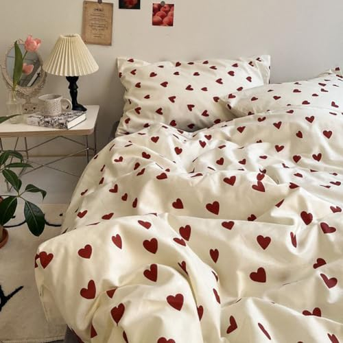 Nayoroom Herzchen Bettwäsche Weiß Rot 200x200 3 Teilig Microfaser Aesthetic Herzen Bettbezug Bettwäsche Set und Kissenbezug 80x80 cm Reißverschluss für Doppelbett