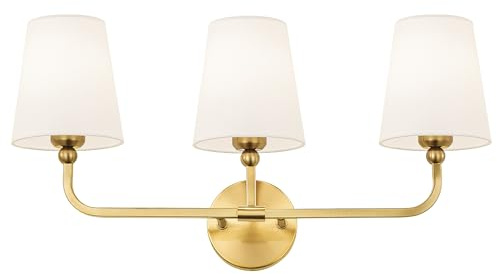 METWET Bathroom Light Fixtures, Brushed Gold Vanity Lights with Flared White Fabric Shade, 3 Light Wall Sconce, Modern Sconces Wall Lighting for Hallway Bedroom, VL837-BG-3