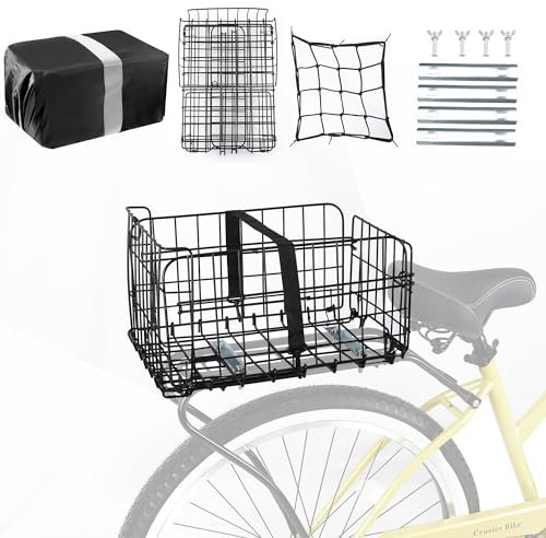 Korg bakre hopfällbar cykelkorg med remsa vattentätt hölje ståltråd vikbar korg för cykel avtagbar bakre lastställ, svart